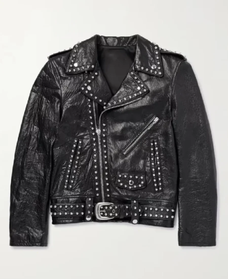 Celine Homme Studded Belted Textured Black Leather Jacket | Trendy Leather Jackets